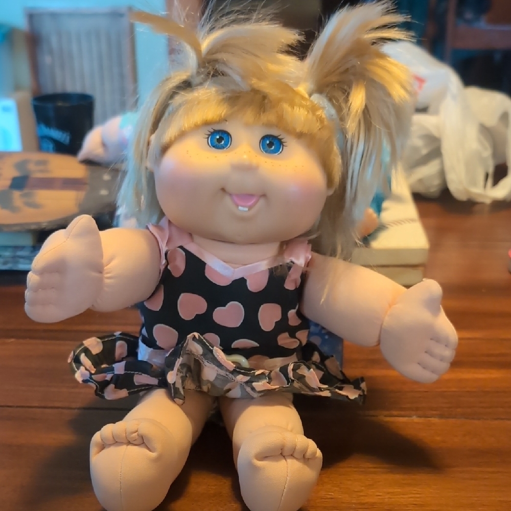 Adorable Cabbage Patch Blonde Doll with Pink Heart Dress